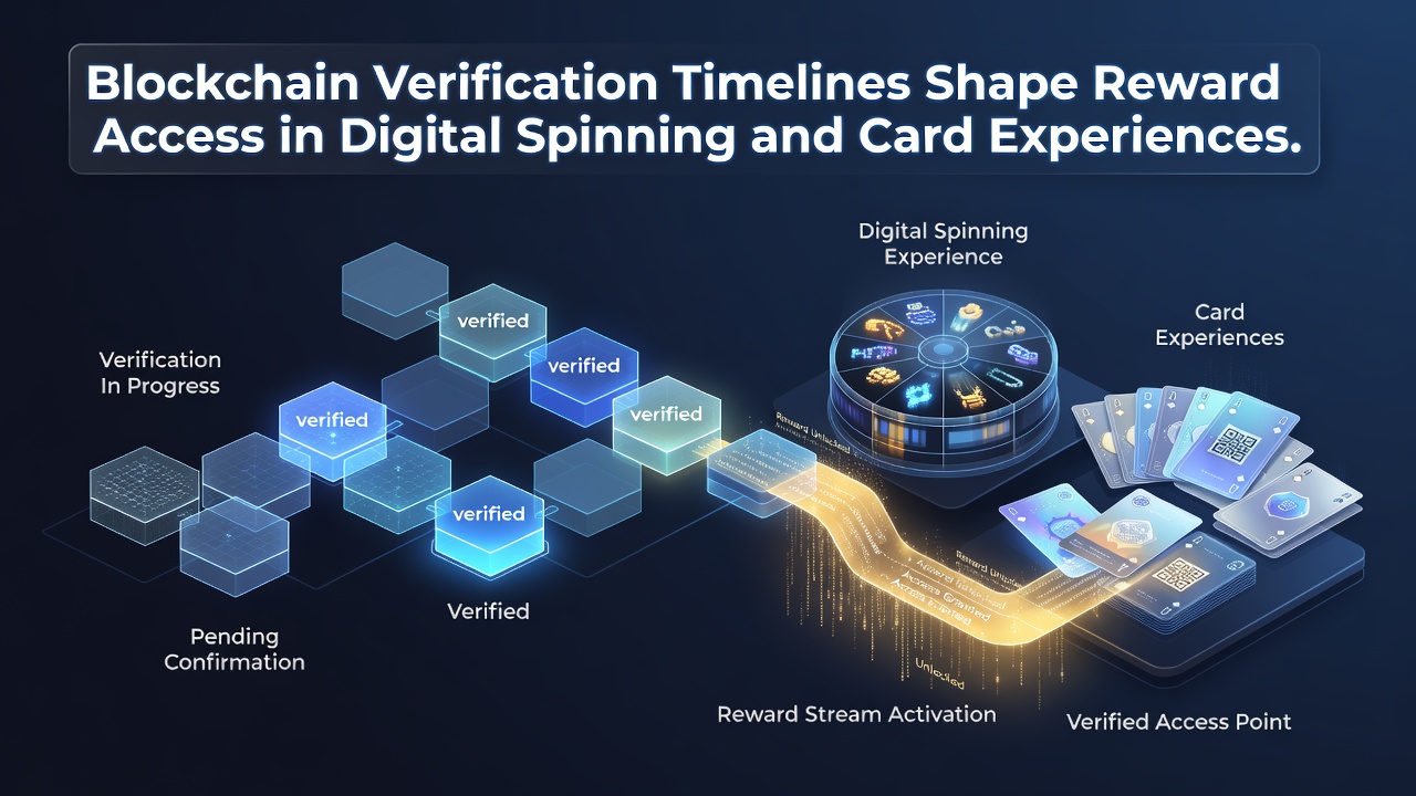 Blockchain network visualization showing verification nodes connected to digital slot and card game interfaces