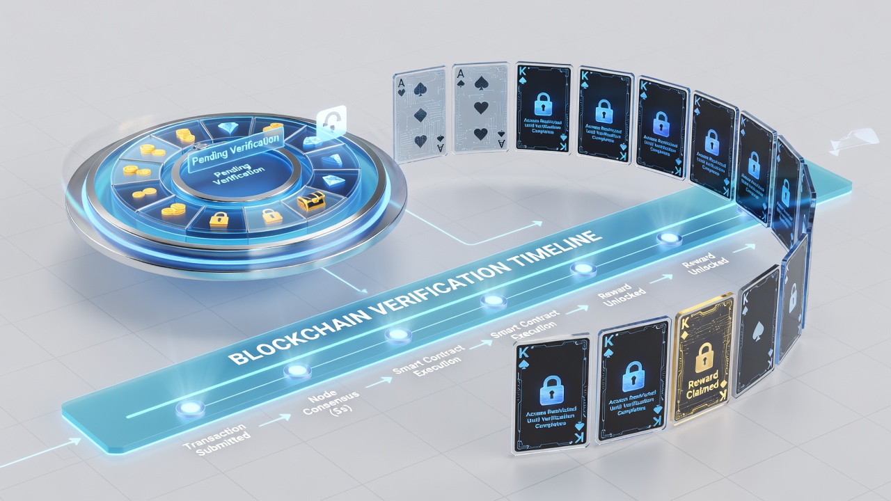 Timeline diagram illustrating blockchain confirmation stages affecting reward unlocks in online casino games