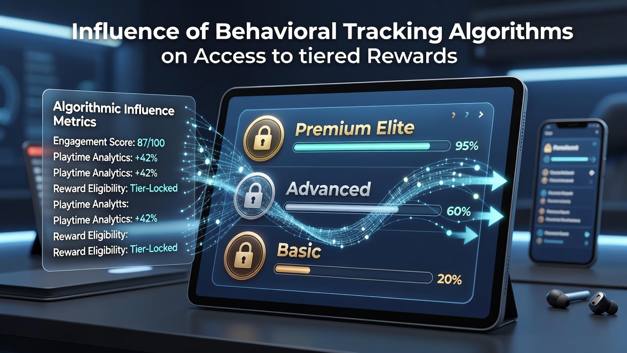 Behavioral tracking dashboard on a portable gaming interface showing user activity metrics and reward tier progression