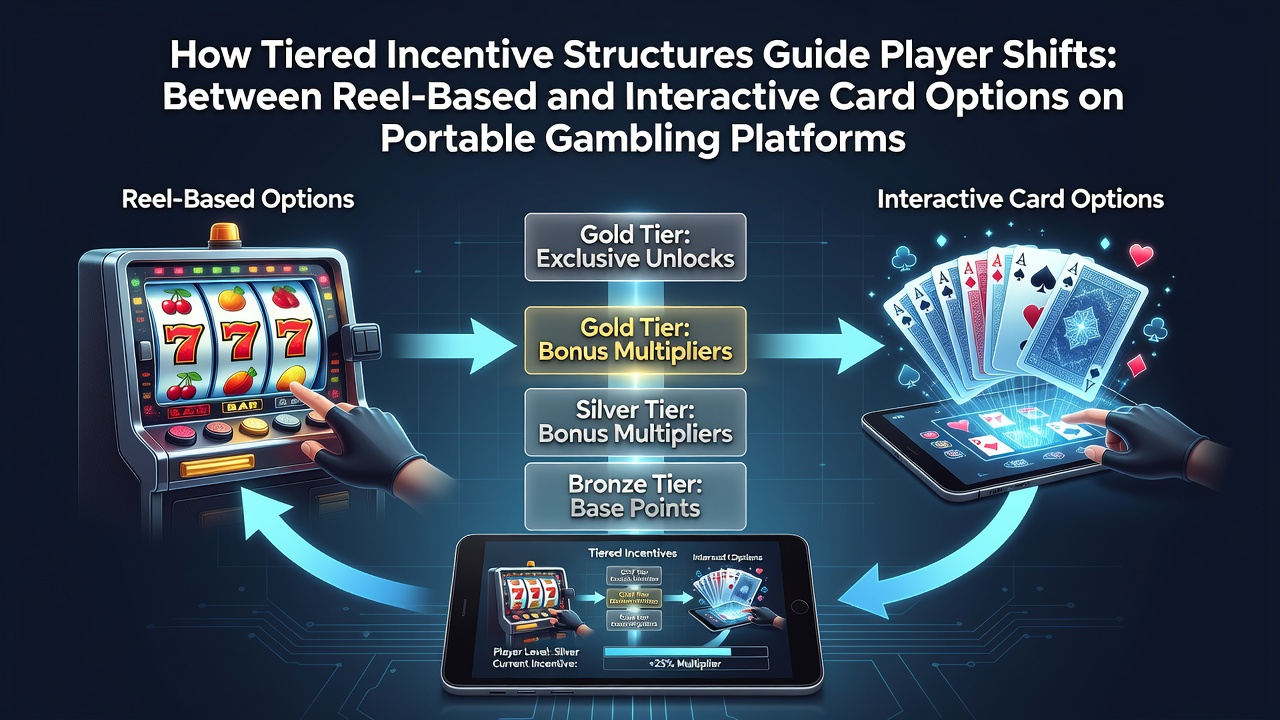 Mobile gambling interface showing reel-based slots transitioning to interactive card games with tiered loyalty indicators