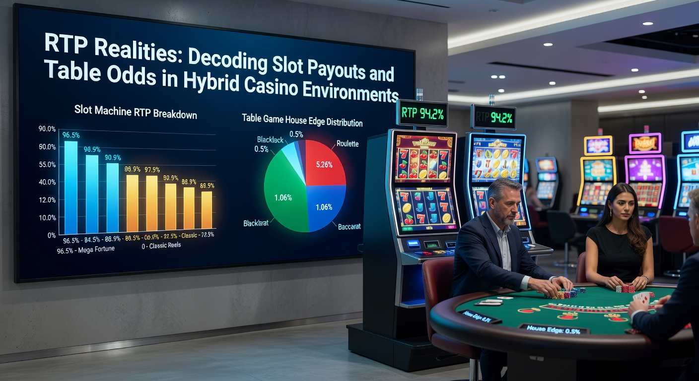 Dynamic hybrid casino scene blending digital slot screens with live blackjack tables and players interacting across physical and virtual spaces