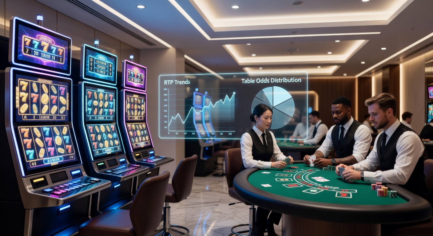 Infographic comparing RTP bars for slots against house edge pies for roulette, blackjack, and baccarat in hybrid casino contexts