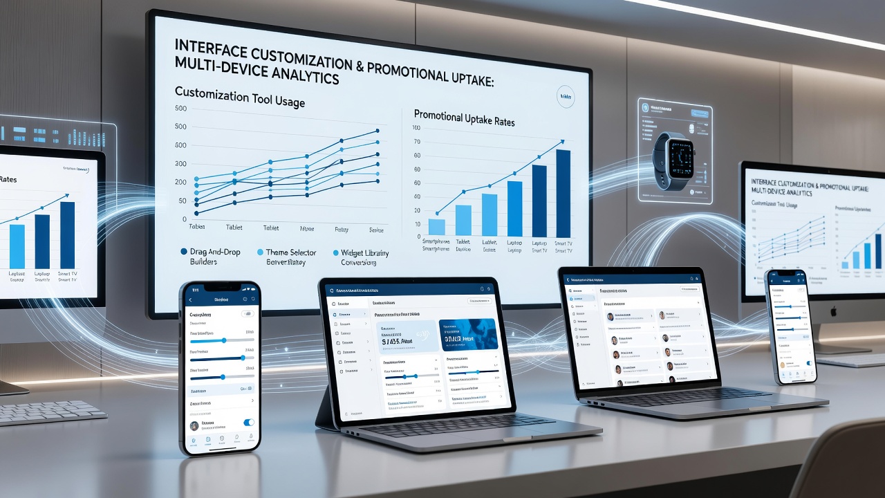 Analytics dashboard displaying promotional uptake rates linked to interface customization across multiple devices